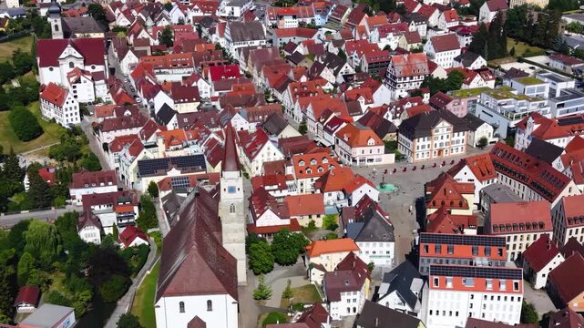 Aerial view around the old town  of the city Ehingen an der Donau in  south Germany on a sunny spring day