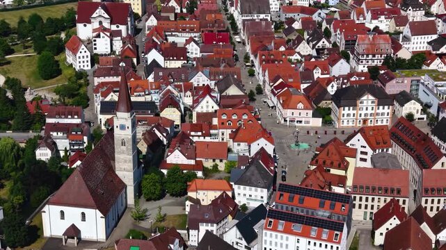 Aerial view around the old town  of the city Ehingen an der Donau in  south Germany on a sunny spring day