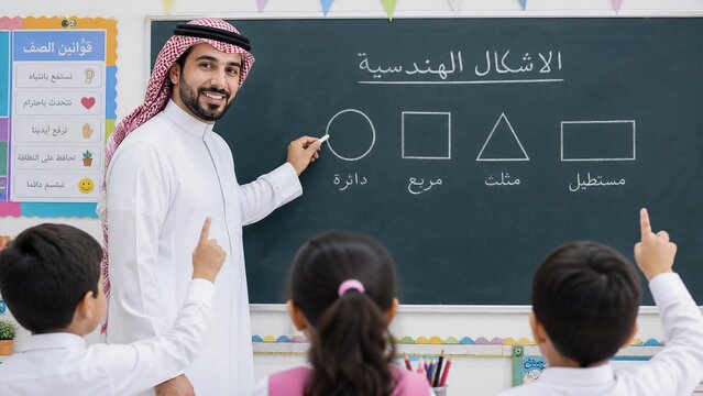 Smiling Arab Male Teacher Explaining Geometric Shapes on Chalkboard to Primary School Students