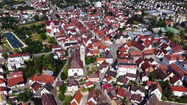 Aerial view around the old town  of the city Ehingen an der Donau in  south Germany on a sunny spring day