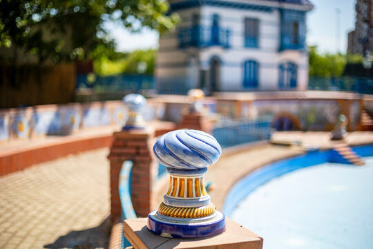 Detail of colorful ceramics in El Prado Park, Talavera de la Reina, Toledo, Spain.