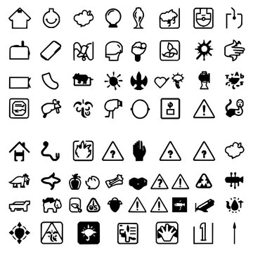 Icons set with an 8x8 grid of 64 minimalist black and white symbols featuring household items, weather conditions, safety signs with precision lines and symmetrical layout