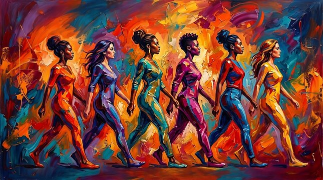 Abstract oil painting of diverse group of women walking together representing unity and progress with diversity, painting