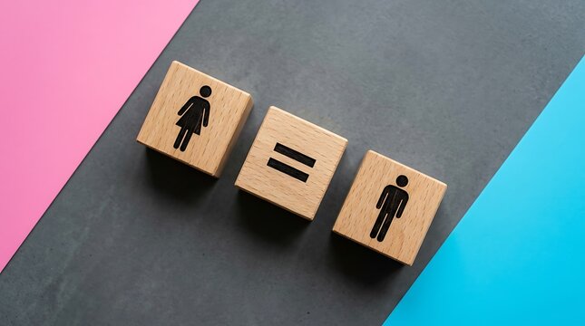 Wooden blocks with man and woman figures and equality sign on geometric background equality diversity inclusion geometric