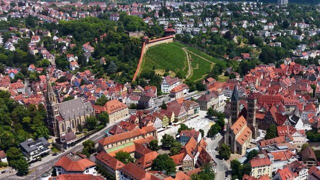 A panoramic aerial view beside the old town in the city Esslingen in Germany on a sunny summer afternoon. 