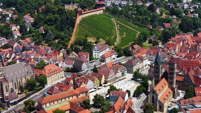 A panoramic aerial view beside the old town in the city Esslingen in Germany on a sunny summer afternoon. 