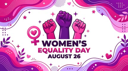 Women's equality day august 26 decorative banner with raised fists and gender symbol on colorful background, equality