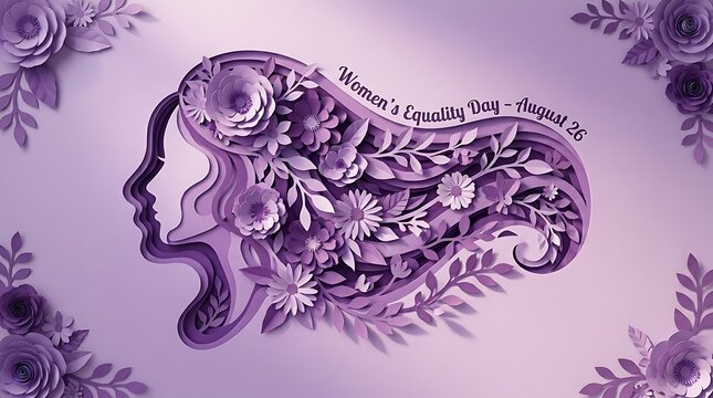 Women's equality day august 26 paper cut style purple floral silhouette with equality silhouette feminine empowerment