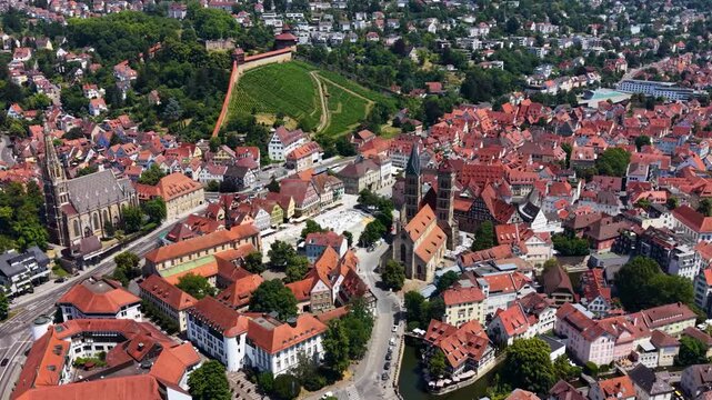 A panoramic aerial view beside the old town in the city Esslingen in Germany on a sunny summer afternoon. 