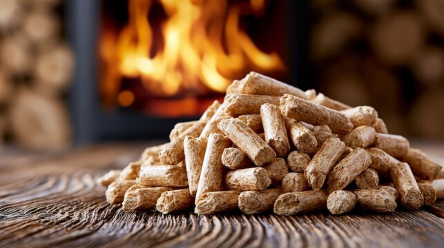 Natural wood pellets for heating on a wooden surface with a fire in the background