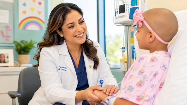 Caring Female Pediatric Oncologist Supporting Young Cancer Patient in Hospital Room
