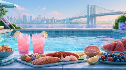 Fototapeta premium Quality seafood and fruit served poolside with city skyline in the background during bright sunny day