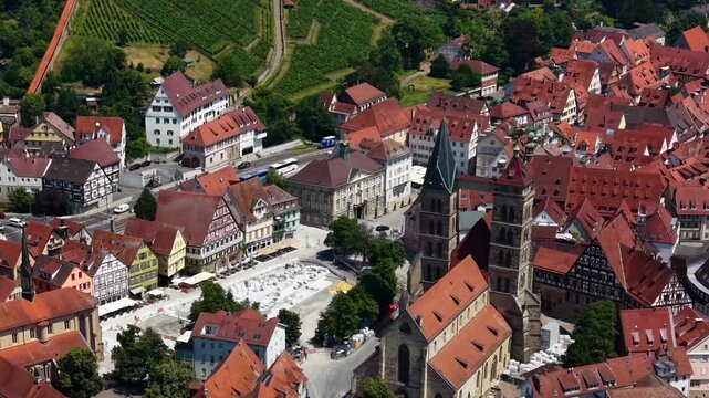 A panoramic aerial view beside the old town in the city Esslingen in Germany on a sunny summer afternoon. 