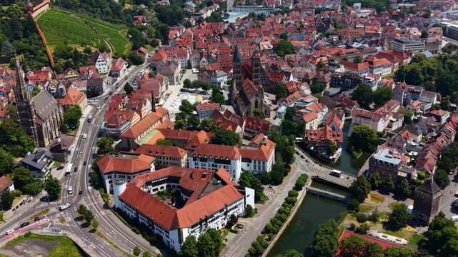 A panoramic aerial view beside the old town in the city Esslingen in Germany on a sunny summer afternoon. 