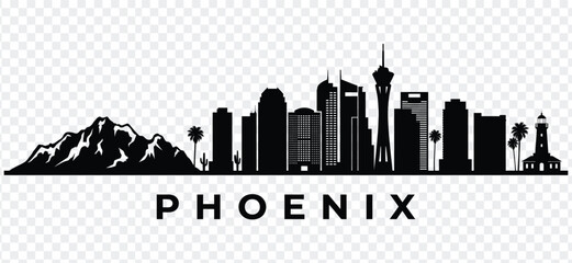 Obraz premium Phoenix arizona city skyline silhouette with mountains, desert landscape, and lighthouse vector illustration