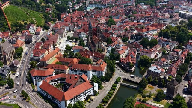 A panoramic aerial view beside the old town in the city Esslingen in Germany on a sunny summer afternoon. 