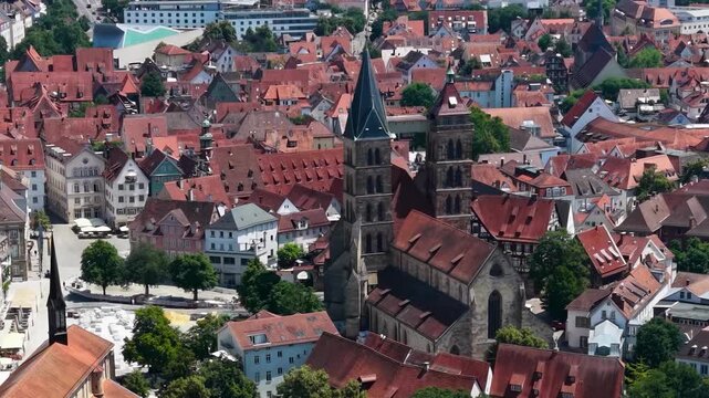 A panoramic aerial view beside the old town in the city Esslingen in Germany on a sunny summer afternoon. 