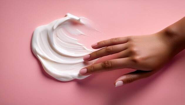 Mano Aplicando Crema Hidratante Blanca Sobre Fondo Rosado Pastel Con Textura Cremosa Visible En Primer Plano