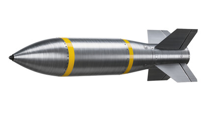 Isolated modern silver aerial bomb with yellow bands and tail fins, weapon equipment © Gabriel