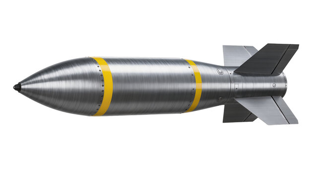 Isolated modern silver aerial bomb with yellow bands and tail fins, weapon equipment