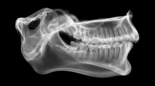 X-ray view of a human jawbone showing dental structures and contours in monochrome style captured in a clinical setting
