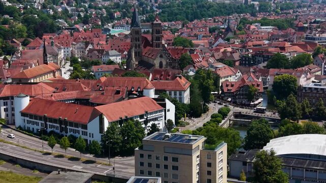 A panoramic aerial view beside the old town in the city Esslingen in Germany on a sunny summer afternoon. 