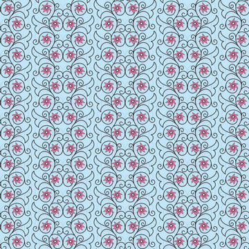 A delicate trailing floral coordinate featuring small blossoms woven through elegant scrolling vines in pink, black and blue.  Seamless floral pattern.