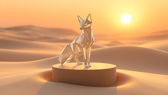 chrome low poly fox sculpture on a podium in a desert landscape at sunset