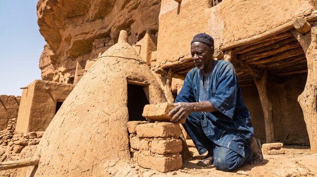 Dogon Granary Builder Constructing Traditional Mud Brick Architecture Beneath Cliffs