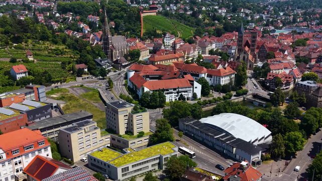 A panoramic aerial view beside the old town in the city Esslingen in Germany on a sunny summer afternoon. 