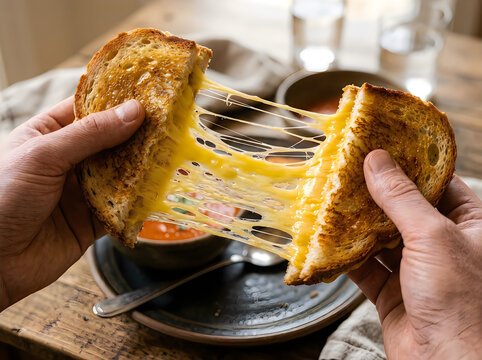 Melted cheese sandwich, grilled cheese pull, gooey cheese string, comfort food