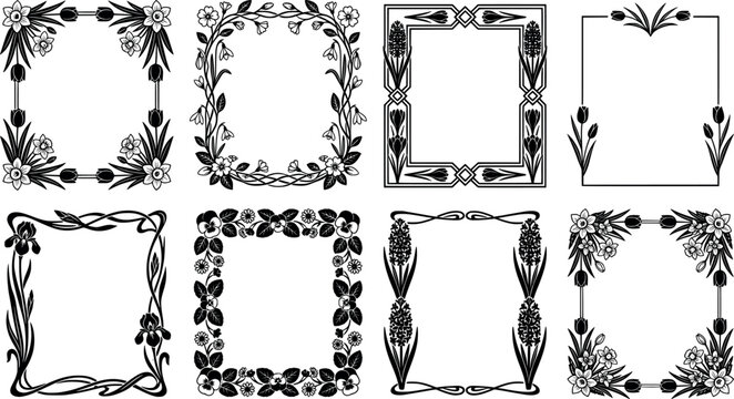 Collection of rectangular floral frames with spring flowers and decorative borders transparent background