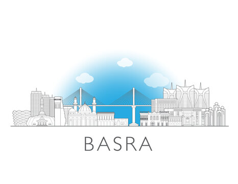 Basra skyline, Iraq. Urban cityscape with landmarks and monuments. Hand drawn line art digital skyline illustration.