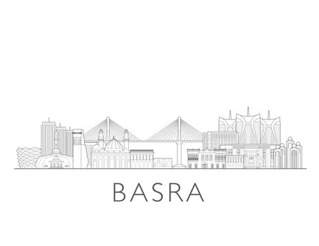 Basra skyline, Iraq. Urban cityscape with landmarks and monuments. Hand drawn line art digital skyline illustration.