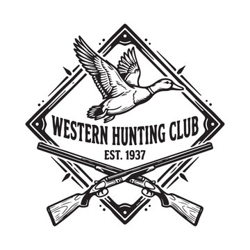 Western hunting club vintage emblem with duck and shotguns