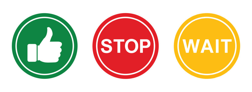 Traffic Signal Icons: A set of three circular icons representing traffic signals: a green icon with a thumbs-up symbol, a red icon with the word STOP, and a yellow icon with the word WAIT.