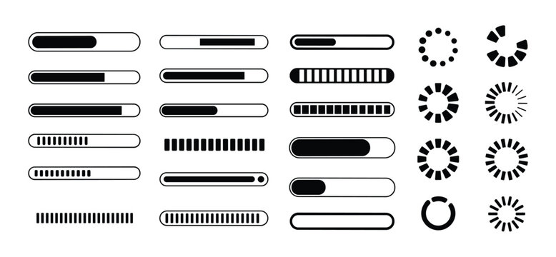 Loading Indicators and Progress Bars: A collection of diverse loading indicators and progress bar icons, symbolizing digital progress and waiting time in technology.