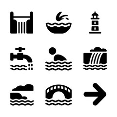 Water and travel icons depicting coastal and maritime themes in a simple, black and white vector style. © SabithaRani