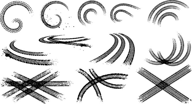 Tire tread marks after skidding, launch, drift, powerslide in motorsport, rally, off-road, motocross. Wheel texture with splash effect. Vector, transparent EPS version.
