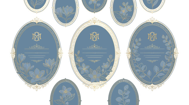 Oval decorative frames with floral elements and monograms on blue background