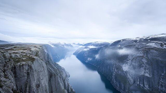 北欧のフィヨルドと険しい岩山のパノラマ / Panoramic view of Nordic fjords and rugged mountains (Generative AI)