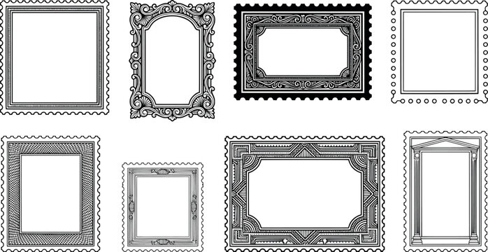 Set of ornate and detailed vintage frames, postage stamp style borders transparent background
