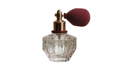 Obraz premium Isolated elegant vintage perfume atomizer bottle with classic faceted glass and maroon spray bulb