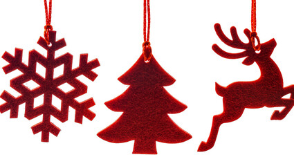Isolated red felt Christmas decorations including a snowflake, tree, and reindeer ornament. © Gabriel