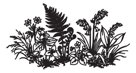 Vintage botanical wildflower illustration, hand drawn forest floor plants and fern leaves, black ink floral vector sketch for wedding stationery © Rehman