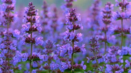Fototapeta premium Lush Catnip Flowers Field in Soft Colours Garden