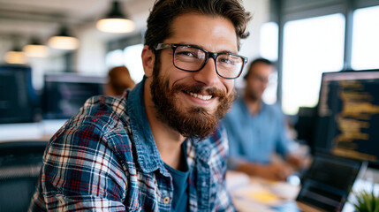 Fototapeta premium Candid portrait of an attractive programmer at work in a bright office natural light candid focus technology professional with copy space