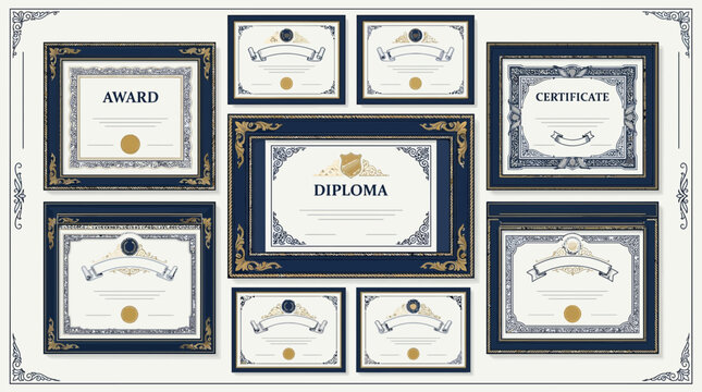 Collection of Ornate Certificates, Diplomas, and Awards in Decorative Blue Frames