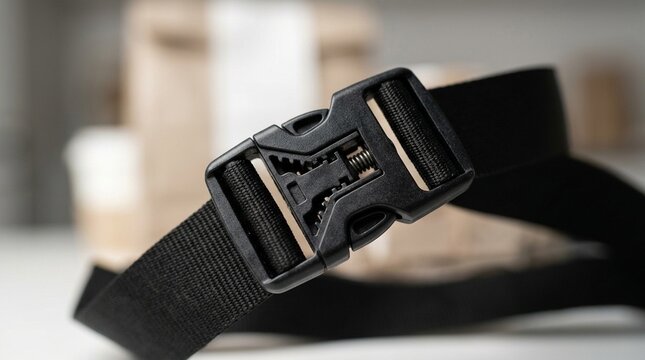 Close-up of a delivery bag's carrying strap adjuster buckle | Food Delivery Packaging Stock Photo