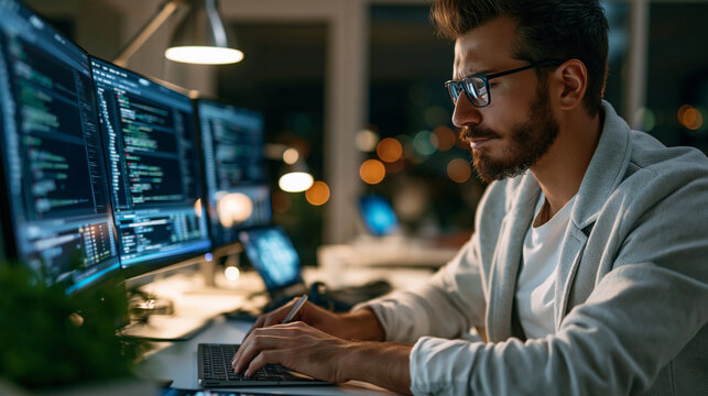 Attractive man writing lines of code on a desktop with multiple glowing monitors in a bright creative office candid focus data scientist startup technology with copy space
